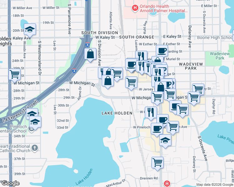 map of restaurants, bars, coffee shops, grocery stores, and more near 397 West Michigan Street in Orlando