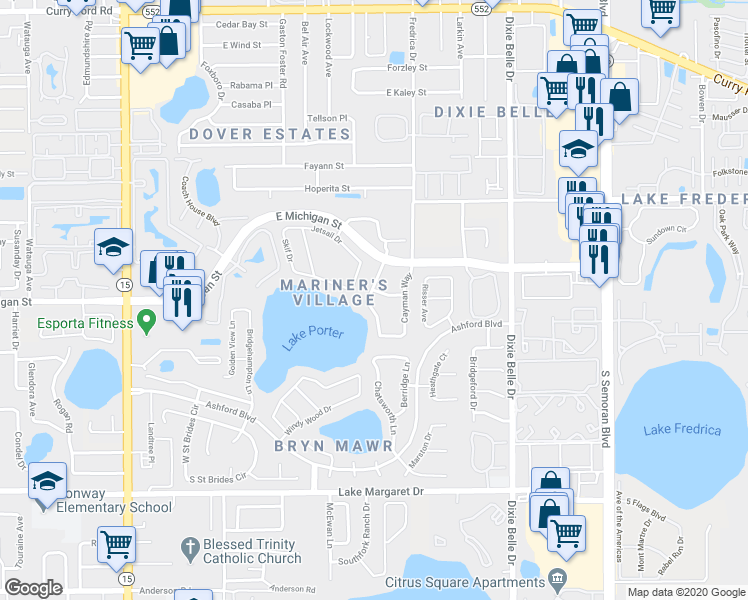 map of restaurants, bars, coffee shops, grocery stores, and more near 2847 Mystic Cove Drive in Orlando