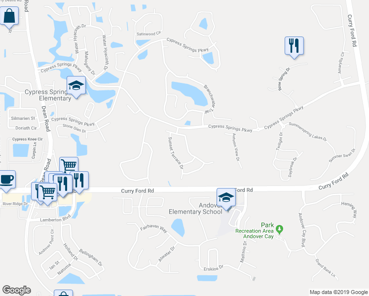 map of restaurants, bars, coffee shops, grocery stores, and more near 10620 Sunrise Terrace Drive in Orlando