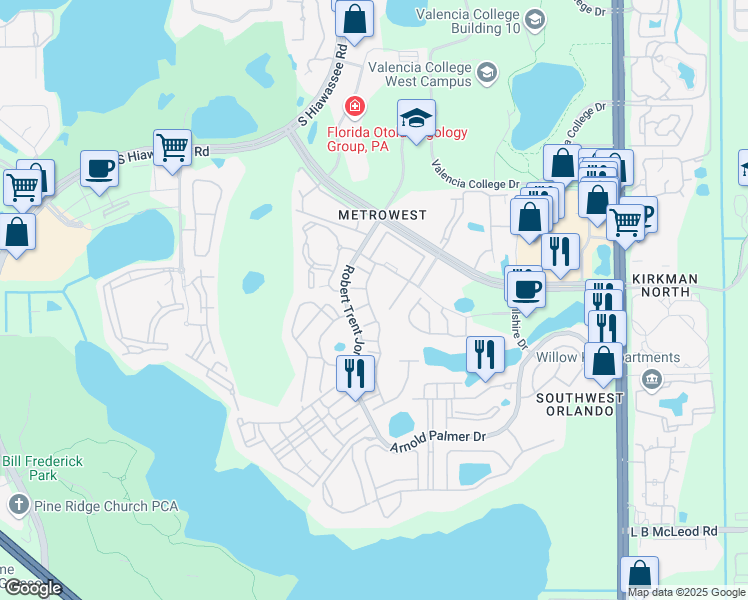 map of restaurants, bars, coffee shops, grocery stores, and more near 2679 Metro Sevilla Drive in Orlando