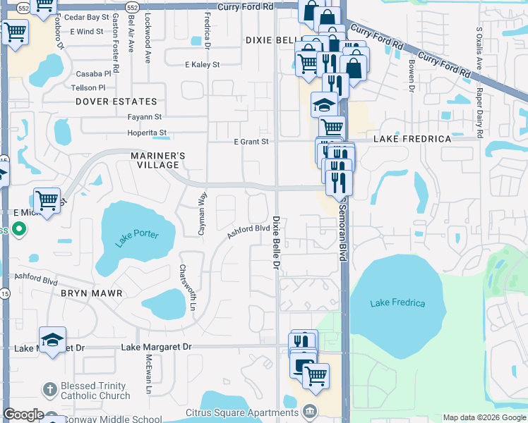 map of restaurants, bars, coffee shops, grocery stores, and more near 5444 East Michigan Street in Orlando