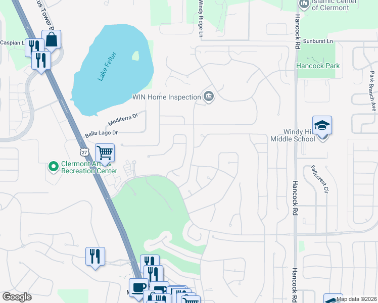 map of restaurants, bars, coffee shops, grocery stores, and more near 3500 Westerham Drive in Clermont