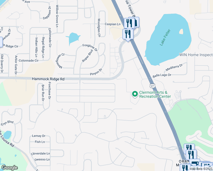 map of restaurants, bars, coffee shops, grocery stores, and more near 1113 Lattimore Drive in Clermont