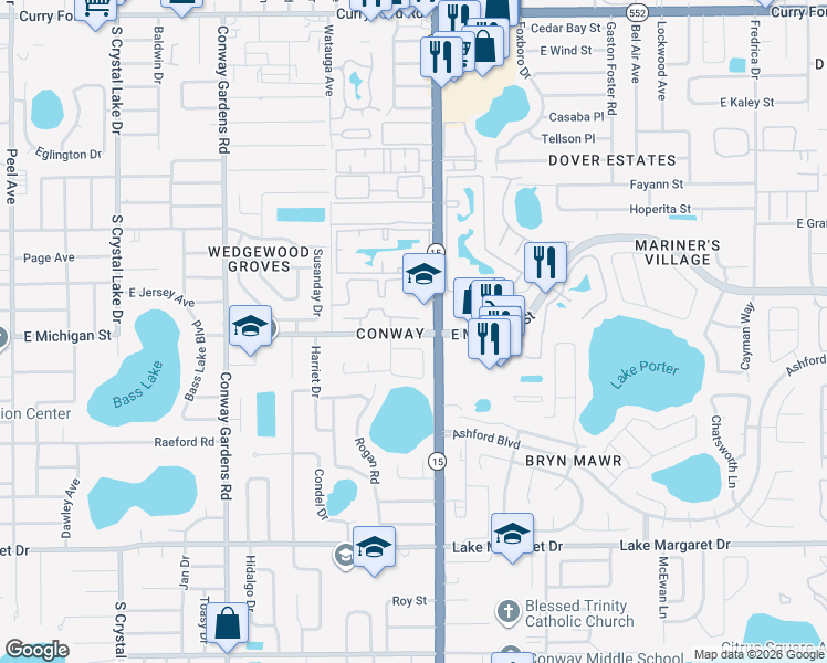 map of restaurants, bars, coffee shops, grocery stores, and more near in Orlando