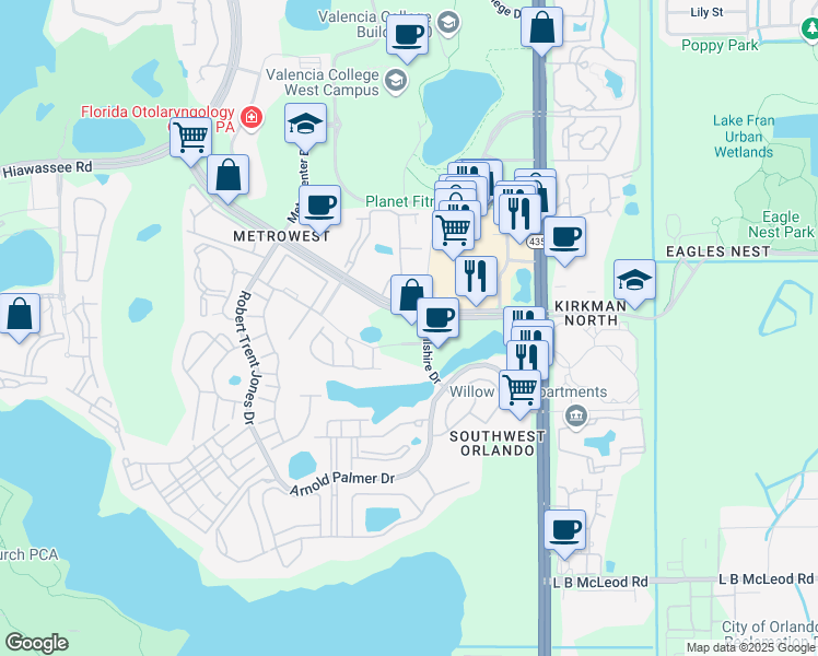 map of restaurants, bars, coffee shops, grocery stores, and more near 6104-6150 Metrowest Blvd in Orlando