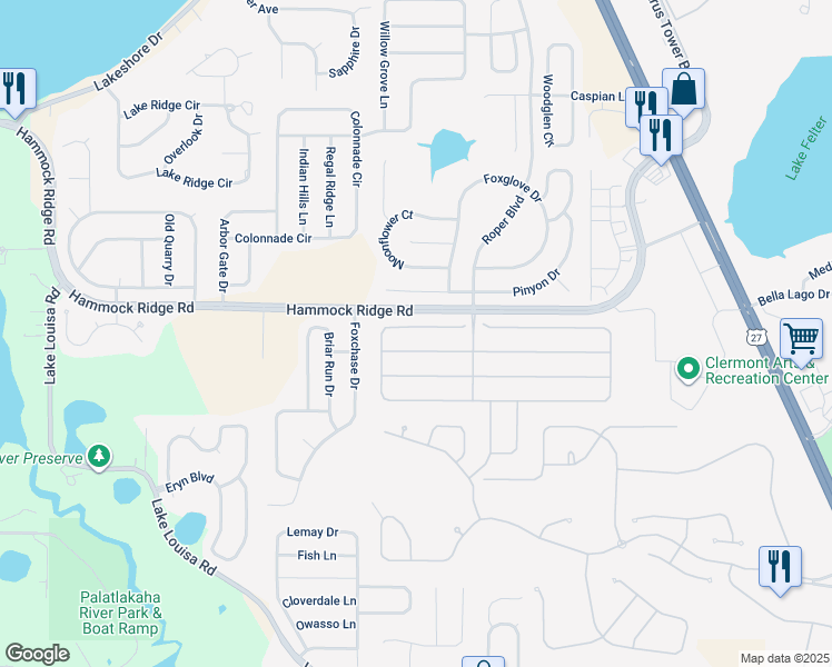 map of restaurants, bars, coffee shops, grocery stores, and more near 1369 Lattimore Drive in Clermont