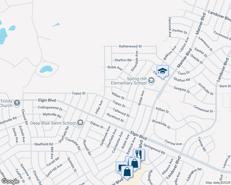 map of restaurants, bars, coffee shops, grocery stores, and more near 12095 Killian Street in Spring Hill