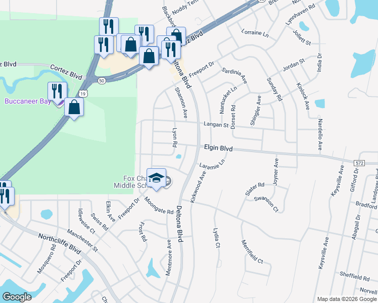 map of restaurants, bars, coffee shops, grocery stores, and more near 5454 Hornaway Avenue in Spring Hill