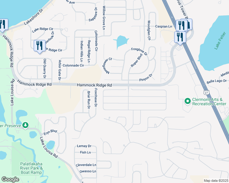 map of restaurants, bars, coffee shops, grocery stores, and more near 1373 Lattimore Drive in Clermont