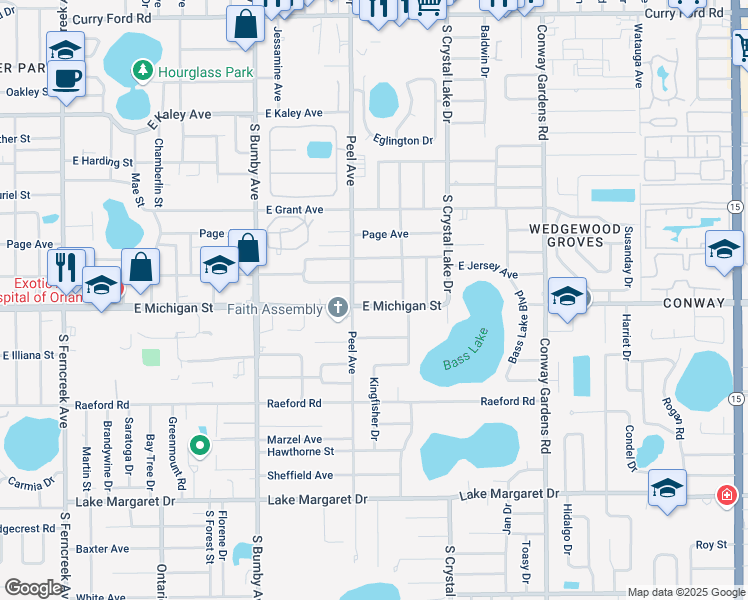 map of restaurants, bars, coffee shops, grocery stores, and more near 2823 East Michigan Street in Orlando