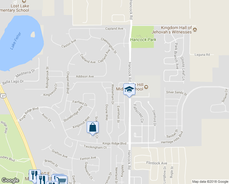 map of restaurants, bars, coffee shops, grocery stores, and more near 3613 Westerham Drive in Clermont