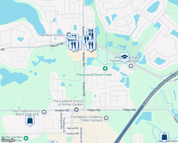 map of restaurants, bars, coffee shops, grocery stores, and more near 1831 Portcastle Circle in Winter Garden