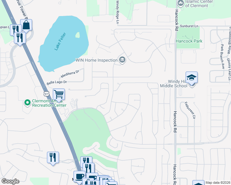 map of restaurants, bars, coffee shops, grocery stores, and more near 3500 Westerham Drive in Clermont