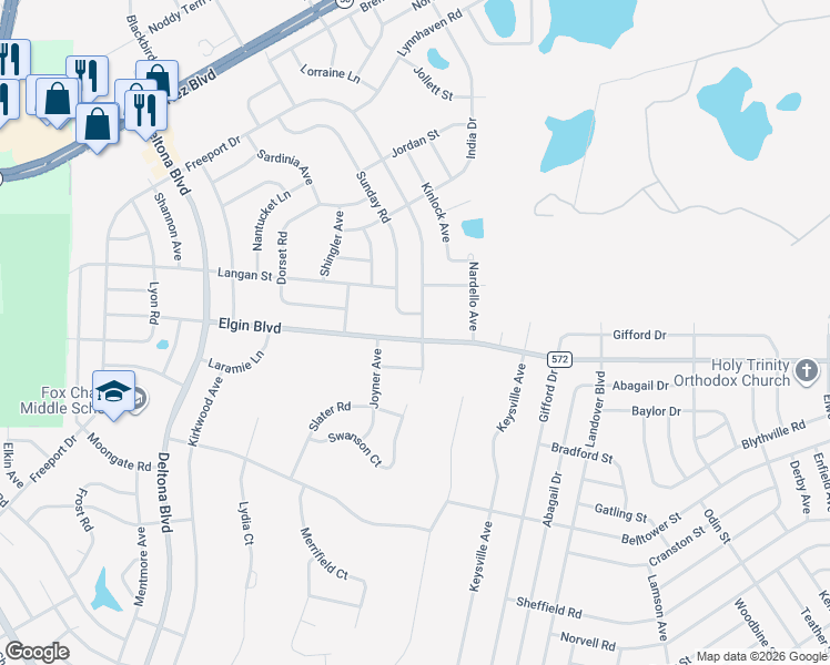 map of restaurants, bars, coffee shops, grocery stores, and more near 10199 Elgin Boulevard in Spring Hill