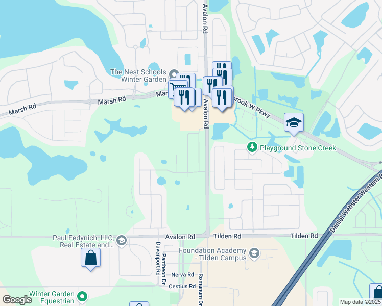 map of restaurants, bars, coffee shops, grocery stores, and more near 1911 Jean Marie Drive in Winter Garden