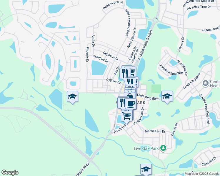 map of restaurants, bars, coffee shops, grocery stores, and more near Merak Alley in Orlando