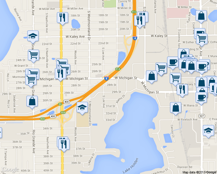 map of restaurants, bars, coffee shops, grocery stores, and more near 732 28th Street in Orlando
