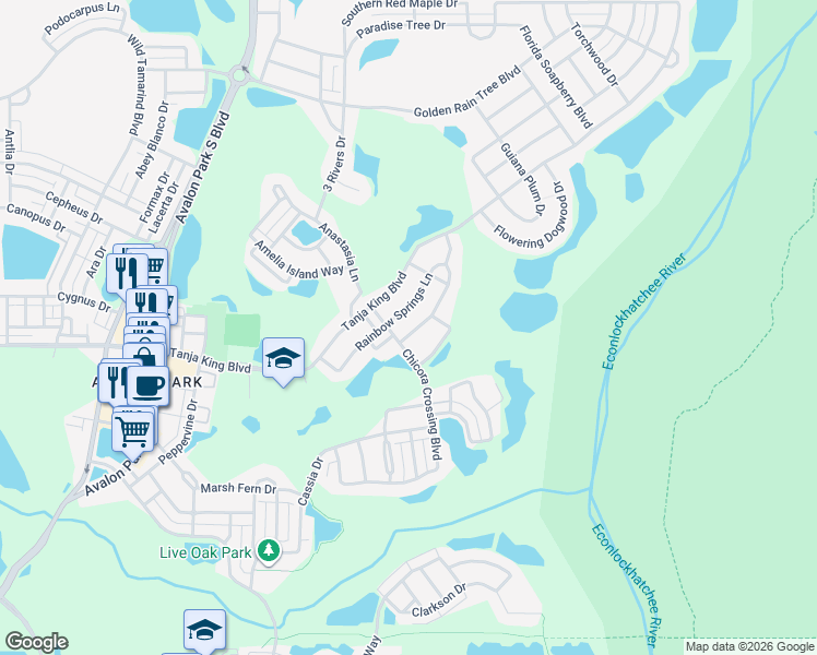 map of restaurants, bars, coffee shops, grocery stores, and more near 2742 Silver River Trail in Orlando