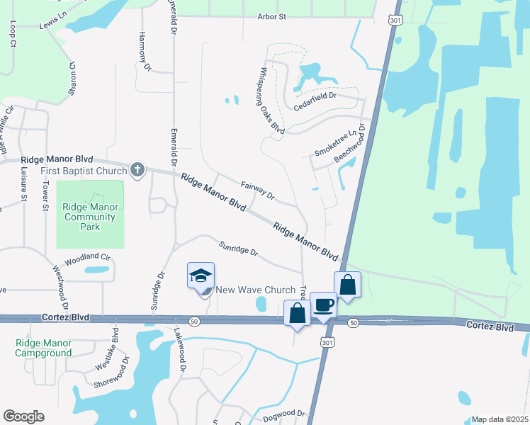 map of restaurants, bars, coffee shops, grocery stores, and more near 34339 Ridge Manor Boulevard in Ridge Manor