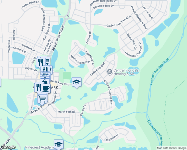 map of restaurants, bars, coffee shops, grocery stores, and more near 14230 Manatee Springs Road in Orlando