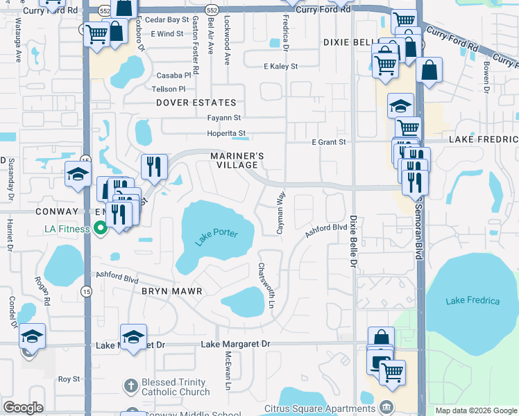 map of restaurants, bars, coffee shops, grocery stores, and more near 2787 Frigate Drive in Orlando