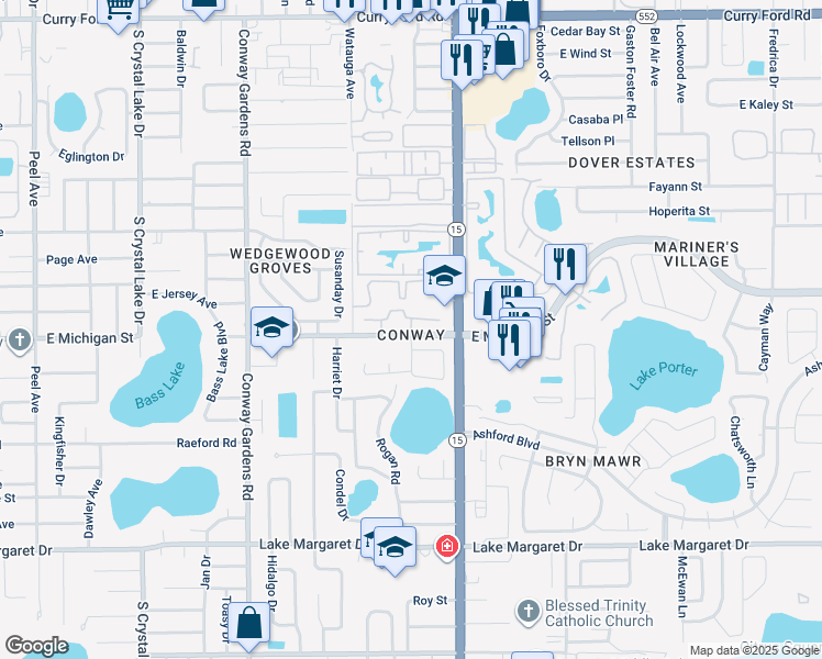 map of restaurants, bars, coffee shops, grocery stores, and more near 4201 East Michigan Street in Orlando