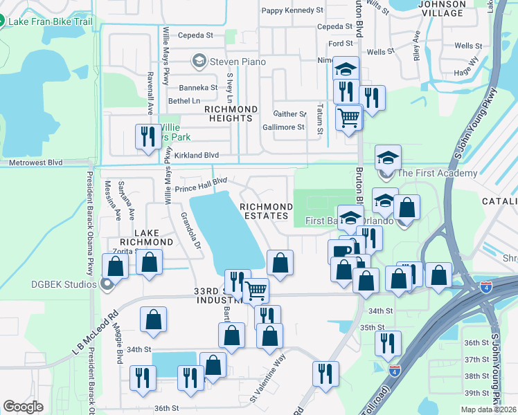 map of restaurants, bars, coffee shops, grocery stores, and more near 4308 Prince Hall Boulevard in Orlando