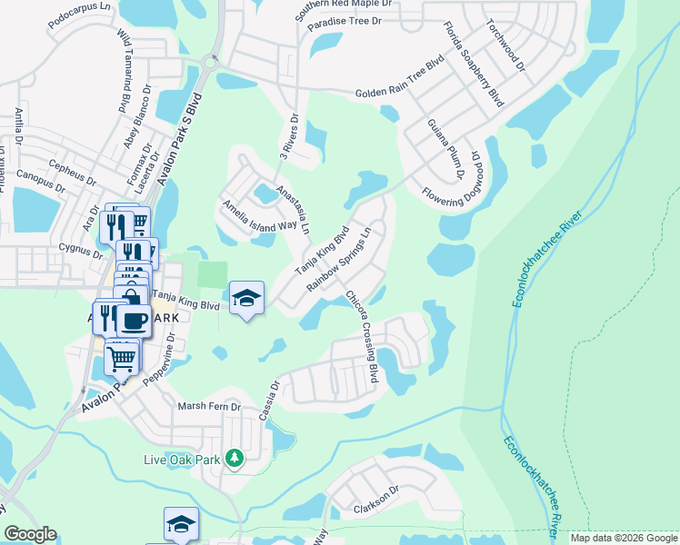 map of restaurants, bars, coffee shops, grocery stores, and more near 2742 Silver River Trail in Orlando