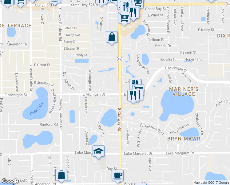 map of restaurants, bars, coffee shops, grocery stores, and more near 4383 East Michigan Street in Orlando