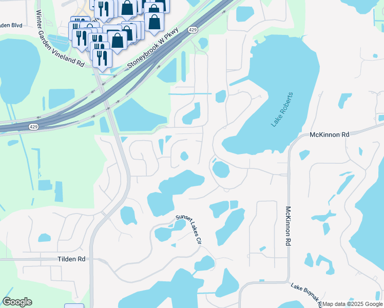 map of restaurants, bars, coffee shops, grocery stores, and more near 2410 Dahlgren Way in Winter Garden