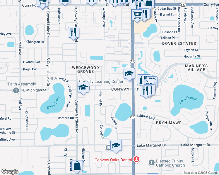 map of restaurants, bars, coffee shops, grocery stores, and more near 4083 East Michigan Street in Orlando