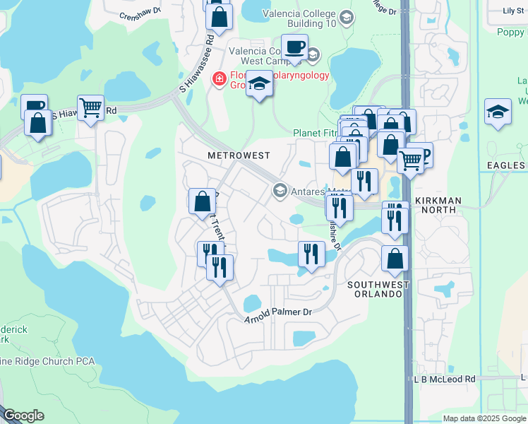 map of restaurants, bars, coffee shops, grocery stores, and more near 2804 Polvadero Lane in Orlando