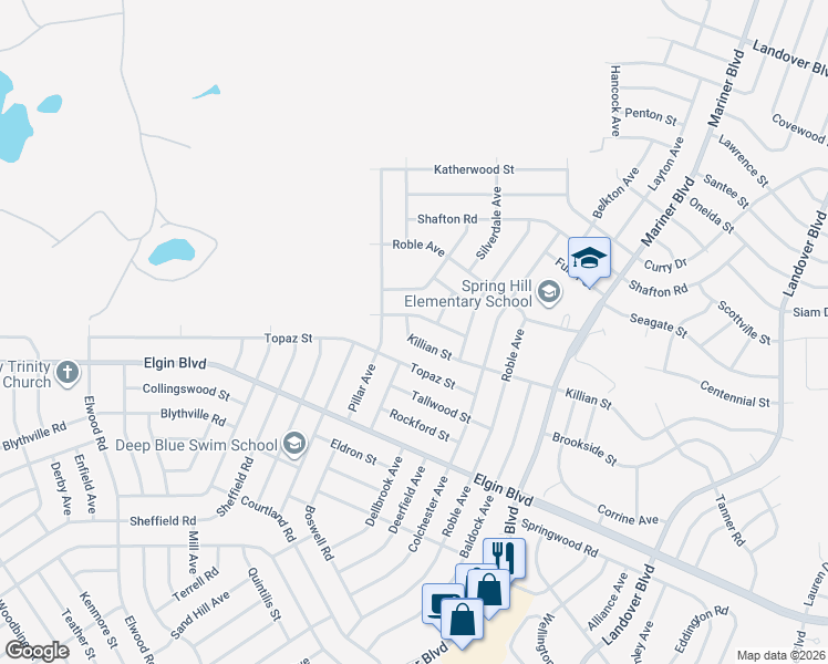 map of restaurants, bars, coffee shops, grocery stores, and more near 12095 Killian Street in Spring Hill