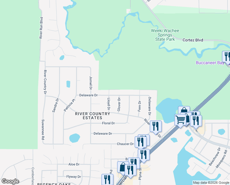 map of restaurants, bars, coffee shops, grocery stores, and more near 8057 Delaware Drive in Weeki Wachee
