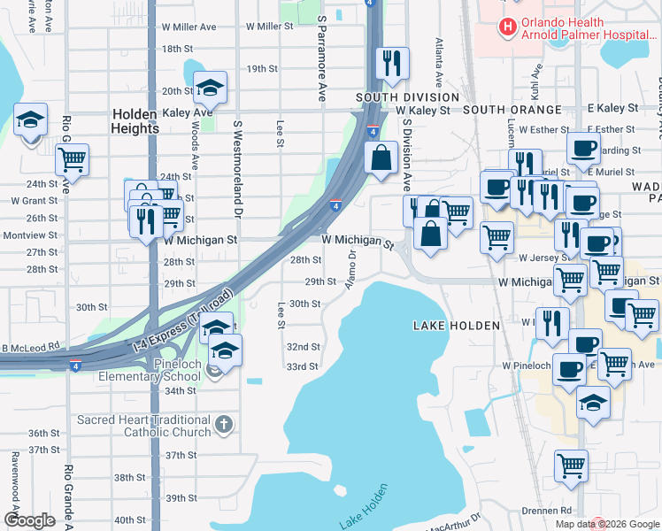 map of restaurants, bars, coffee shops, grocery stores, and more near 2727 Uintah Avenue in Orlando
