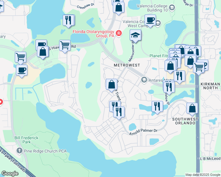 map of restaurants, bars, coffee shops, grocery stores, and more near 2674 Robert Trent Jones Drive in Orlando