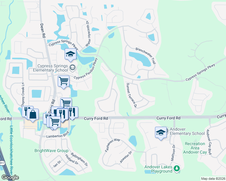 map of restaurants, bars, coffee shops, grocery stores, and more near 2249 Cypress Trace Circle in Orlando
