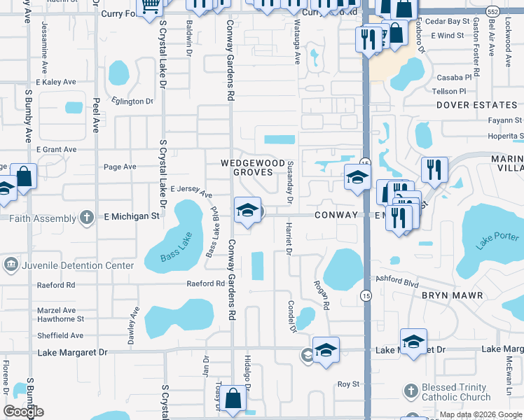 map of restaurants, bars, coffee shops, grocery stores, and more near 2820 Donaldson Drive in Orlando