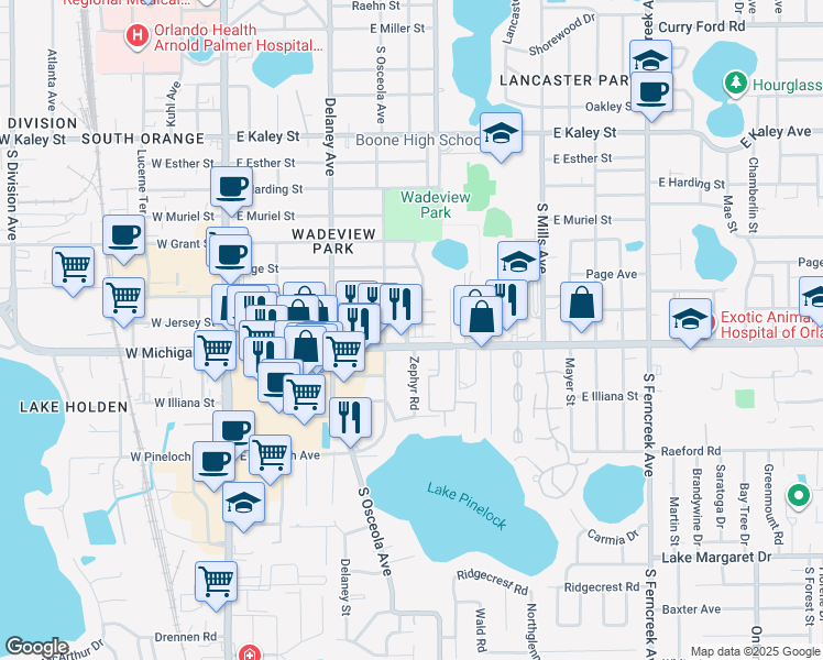 map of restaurants, bars, coffee shops, grocery stores, and more near 2676 Copley Lane in Orlando