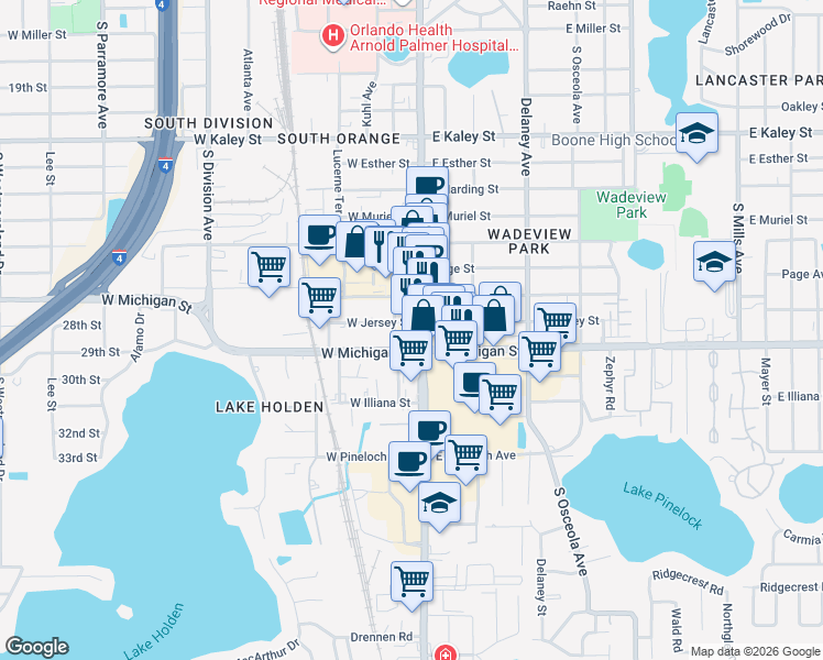 map of restaurants, bars, coffee shops, grocery stores, and more near 2600 South Orange Avenue in Orlando