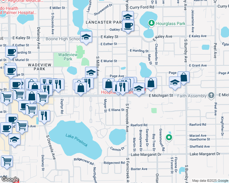map of restaurants, bars, coffee shops, grocery stores, and more near 2615 South Brown Avenue in Orlando