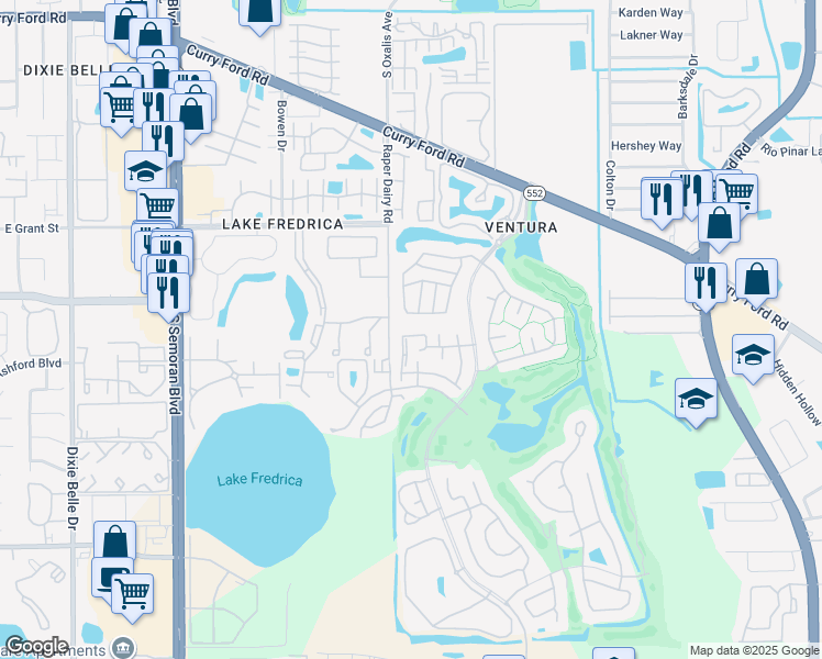map of restaurants, bars, coffee shops, grocery stores, and more near 2946 Cottage Grove Court in Orlando