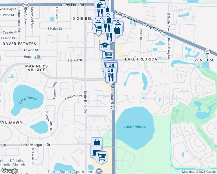 map of restaurants, bars, coffee shops, grocery stores, and more near in Orlando
