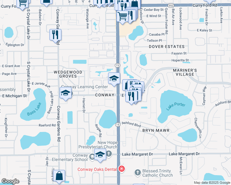 map of restaurants, bars, coffee shops, grocery stores, and more near in Orlando
