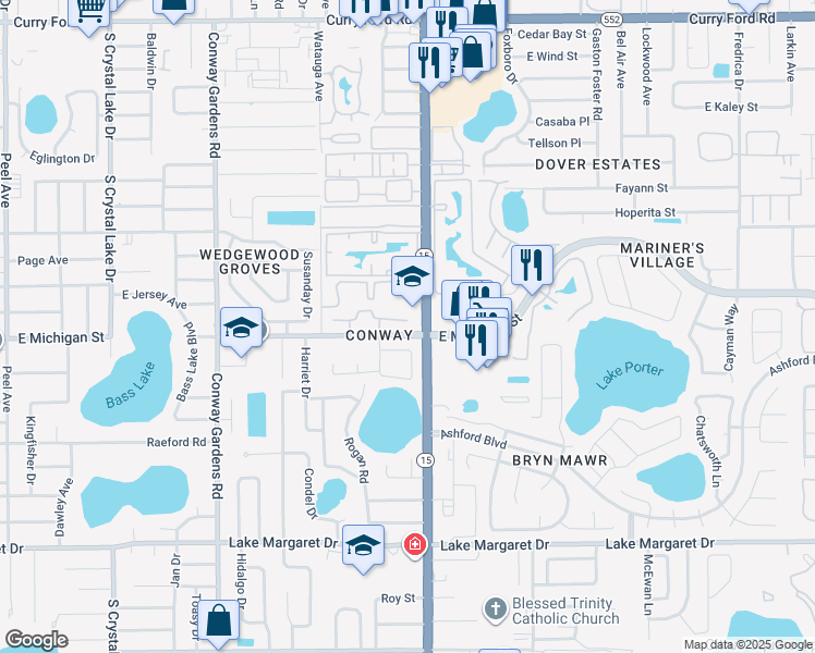 map of restaurants, bars, coffee shops, grocery stores, and more near in Orlando