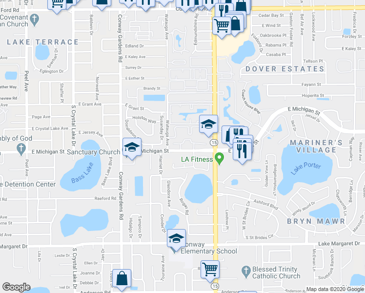 map of restaurants, bars, coffee shops, grocery stores, and more near 4083 East Michigan Street in Orlando