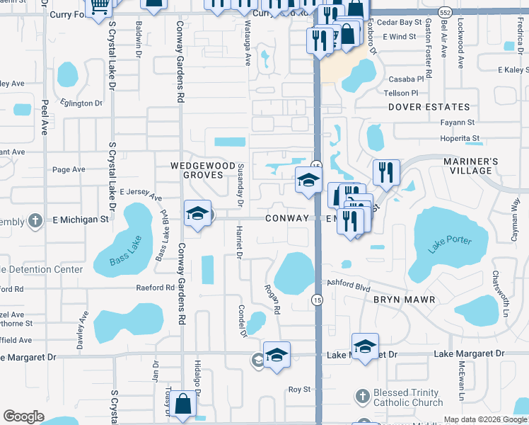 map of restaurants, bars, coffee shops, grocery stores, and more near 4083 East Michigan Street in Orlando
