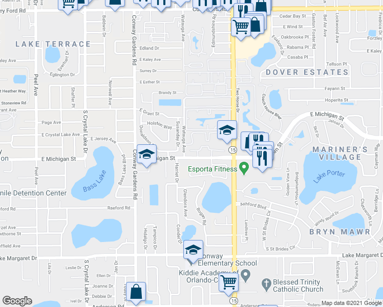 map of restaurants, bars, coffee shops, grocery stores, and more near 4083 East Michigan Street in Orlando