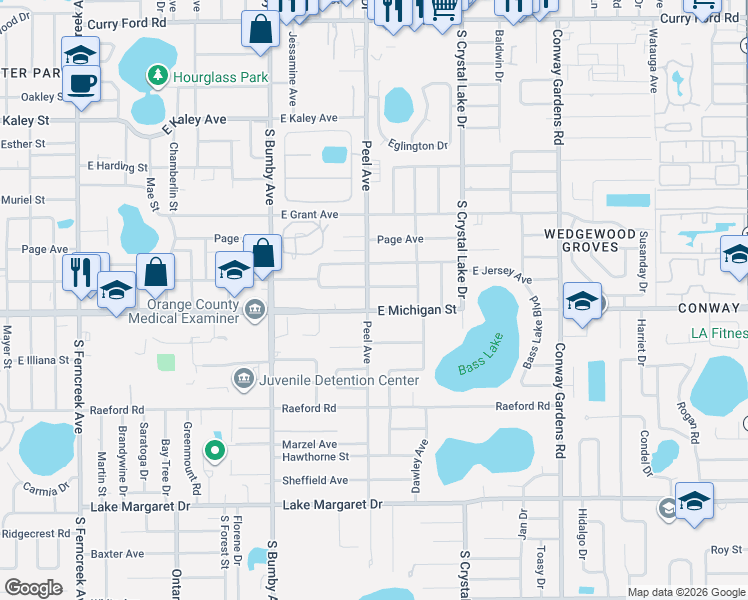 map of restaurants, bars, coffee shops, grocery stores, and more near 2823 East Michigan Street in Orlando