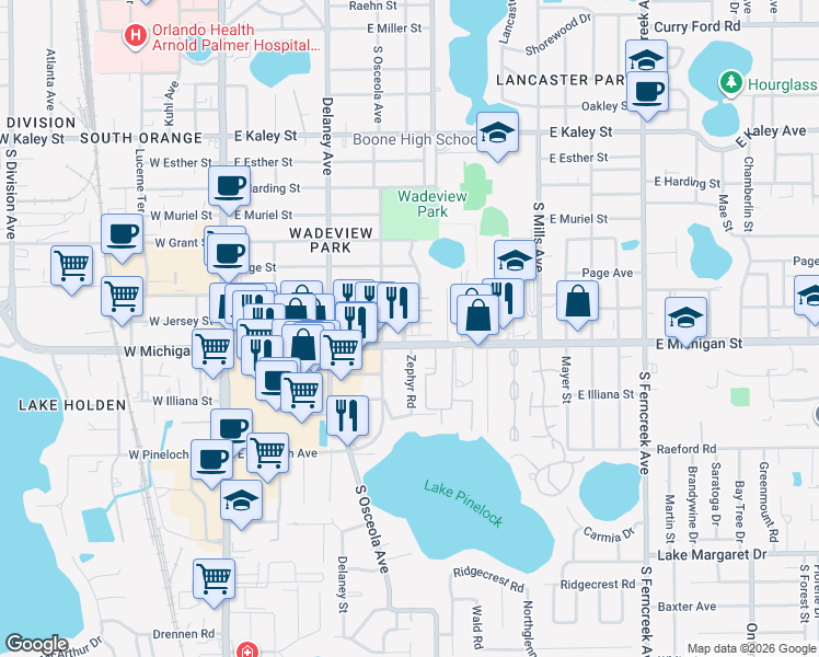 map of restaurants, bars, coffee shops, grocery stores, and more near 2676 Copley Lane in Orlando